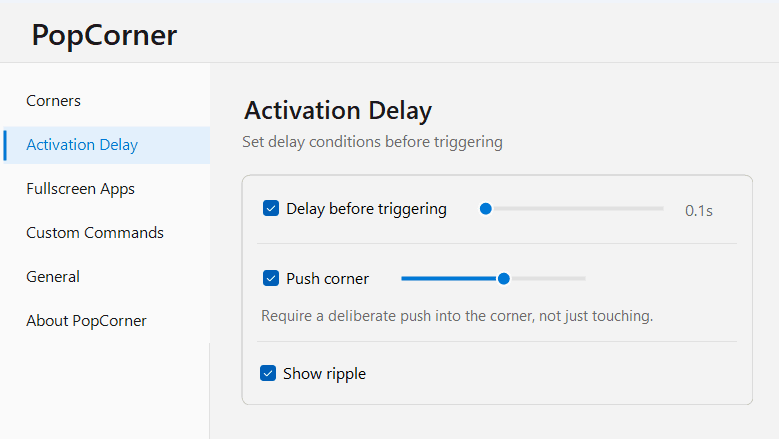 PopCorner delay settings interface